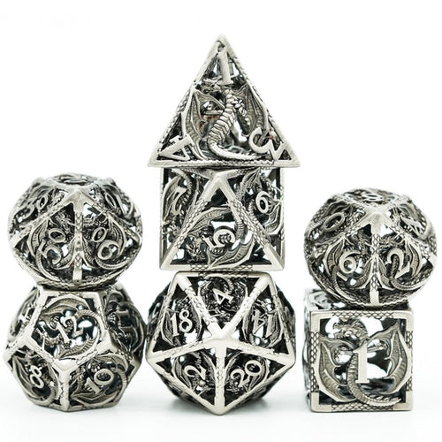 Ancient Silver Dragon full hollow metal dice set displayed for DND and fantasy TTRPGs