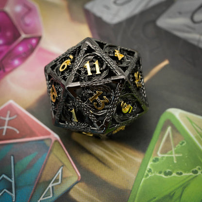 Ancient Sparkled Meteor D20 die showing detailed hollow dragon frame and gold numbering