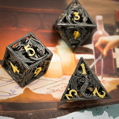 Ancient Sparkled Meteor Hollow Metal D4 and D6 dice featuring dragon motif and gold numbering