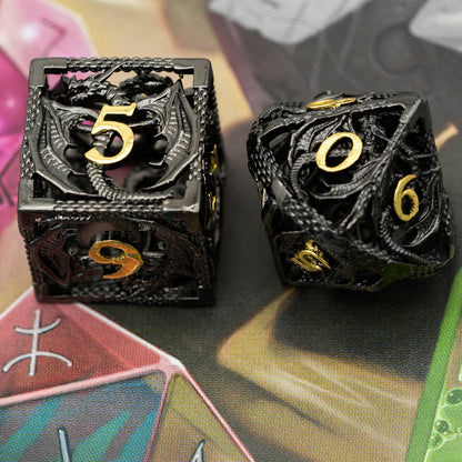 Ancient Sparkled Meteor Hollow Metal D6 and D10 dice highlighting intricate metalwork and shine