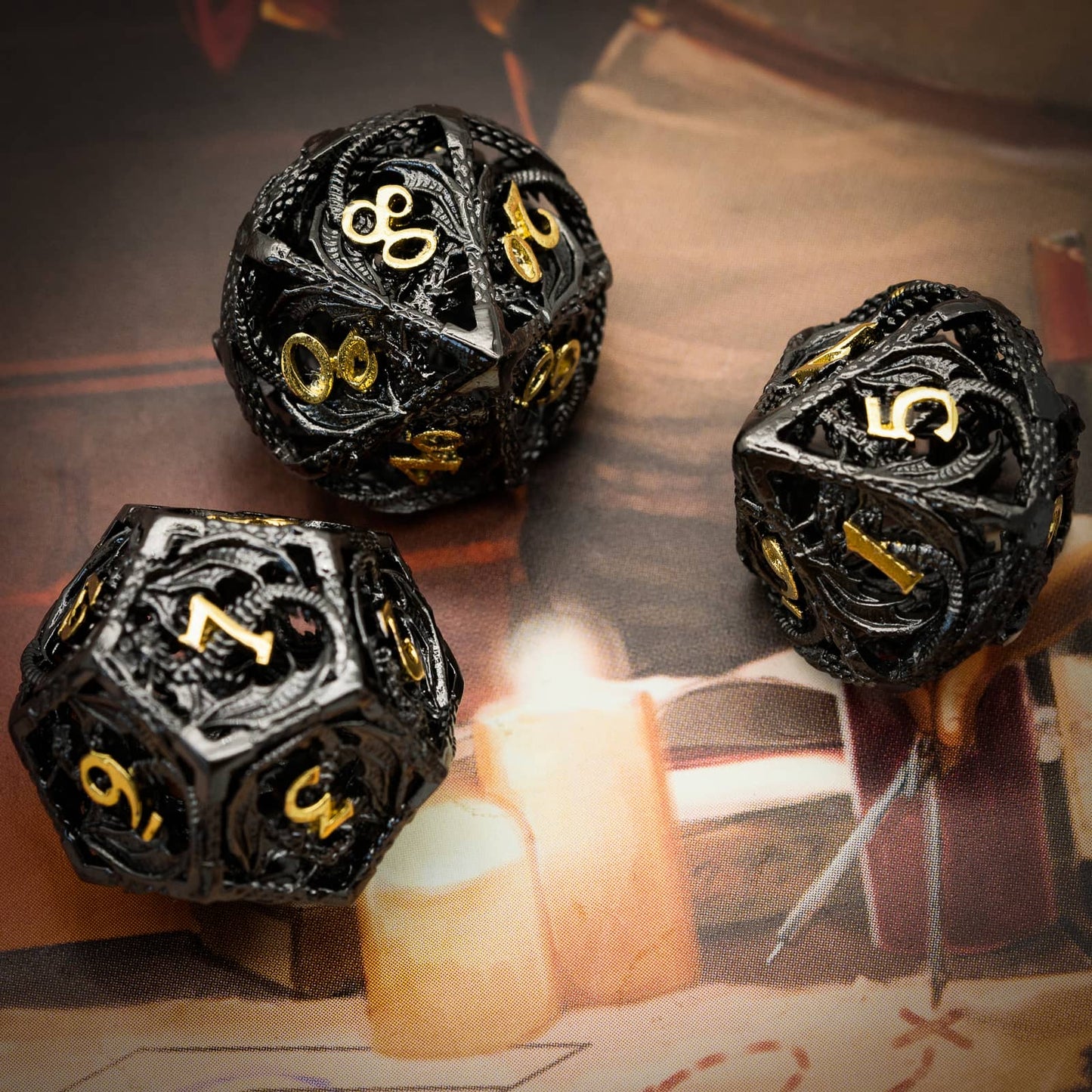 Group of Ancient Sparkled Meteor Hollow Metal Dice with black lattice design and gold inlays