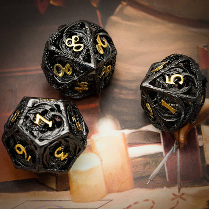Group of Ancient Sparkled Meteor Hollow Metal Dice with black lattice design and gold inlays