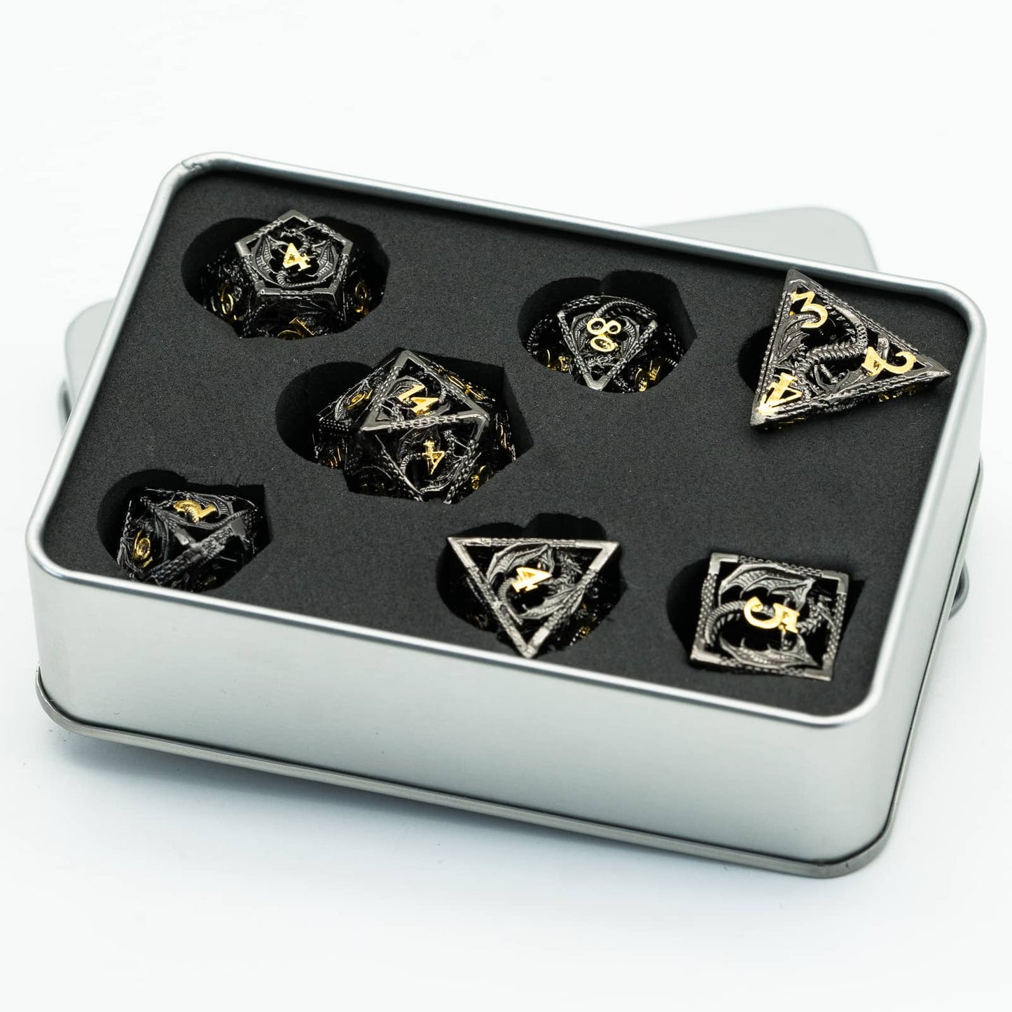 Ancient Sparkled Meteor Hollow Metal Dice Set in silver tin case with black foam insert