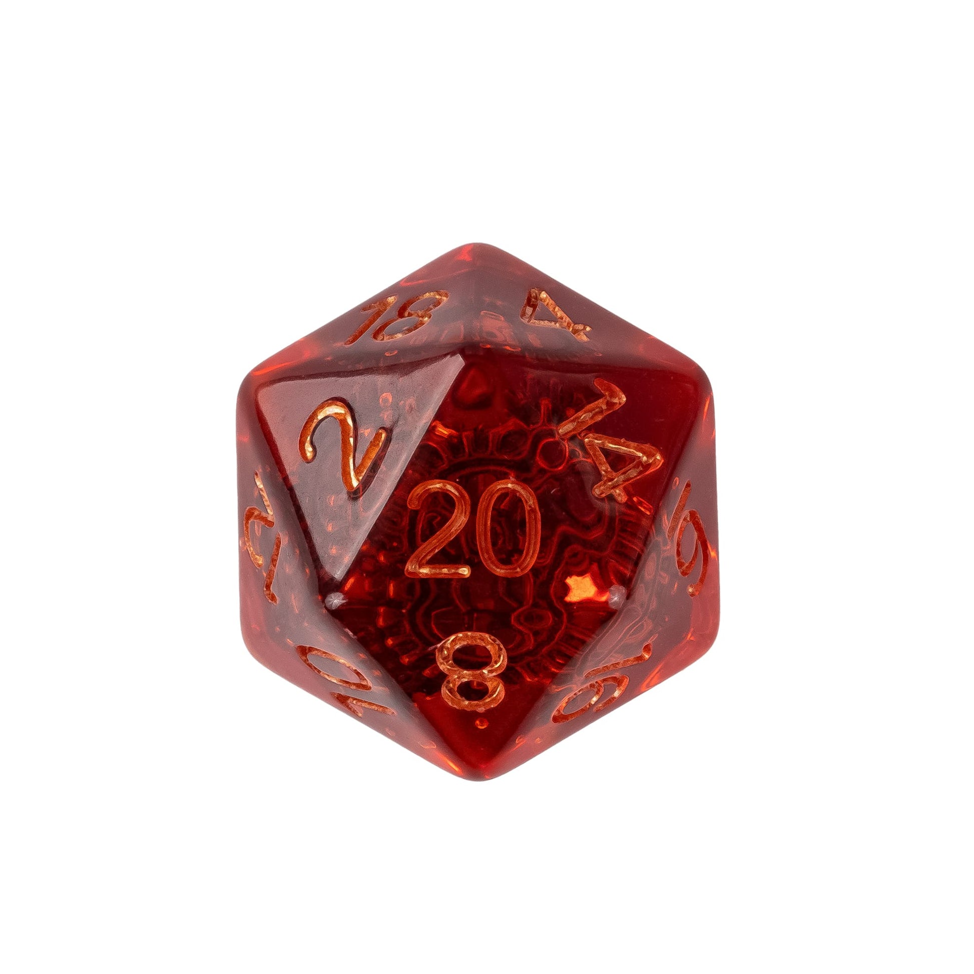 Transparent red steampunk dice set with mechanical gear inclusions and metallic gold numbering