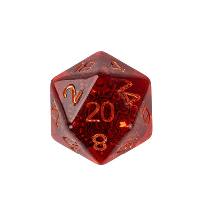 Transparent red steampunk dice set with mechanical gear inclusions and metallic gold numbering