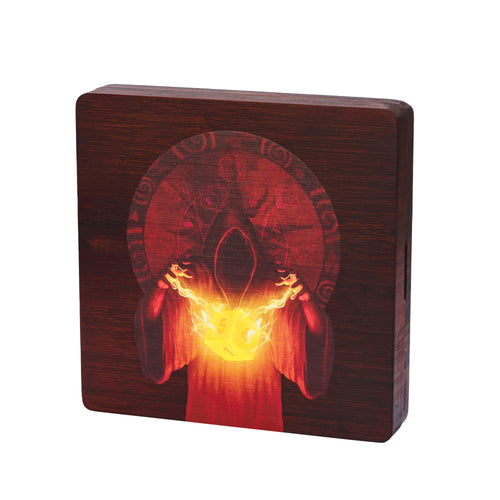 Front view of Arcane Enclave dice case with detailed mage and arcane circle engraving
