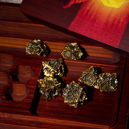 Arcane Enclave dice tray opened with metal dice stored inside wooden compartments