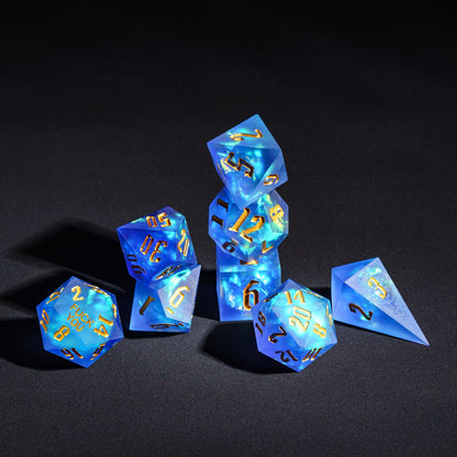 Stacked display of Azure Abyss F*ck Me Sharp Edge Dice Set showing all 7 pieces for DnD & DnD 5e