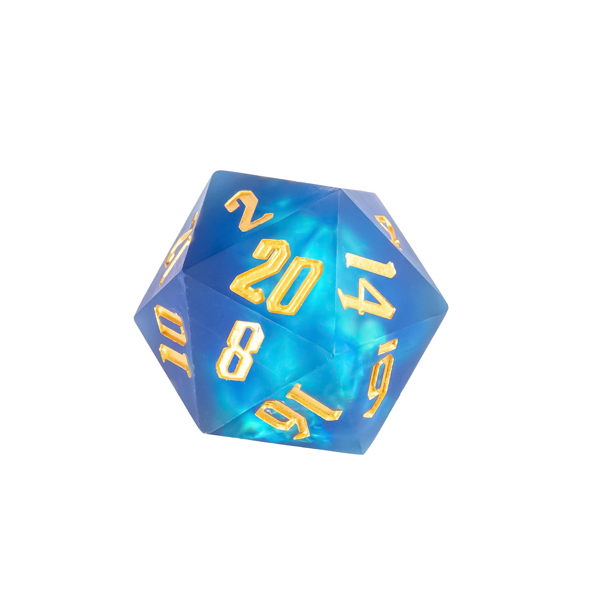 Close up of Azure Abyss Sharp Edge D20 featuring ocean blue resin with iridescent shimmer and gold numbering for DnD and tabletop RPGs
