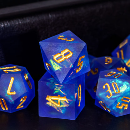 Azure Abyss Sharp Edge Dice Set stacked display with glowing blue resin for DnD & DnD 5e