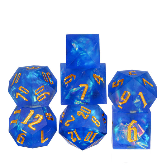 Front view of Azure Abyss Sharp Edge Dice Set showing detailed gold numbers for DnD & DnD 5e