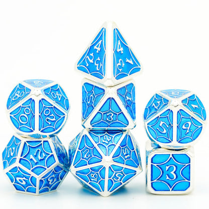 Stacked Azure Stain DND dice showing intricate silver and blue details