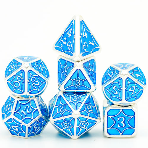 Stacked Azure Stain DND dice showing intricate silver and blue details