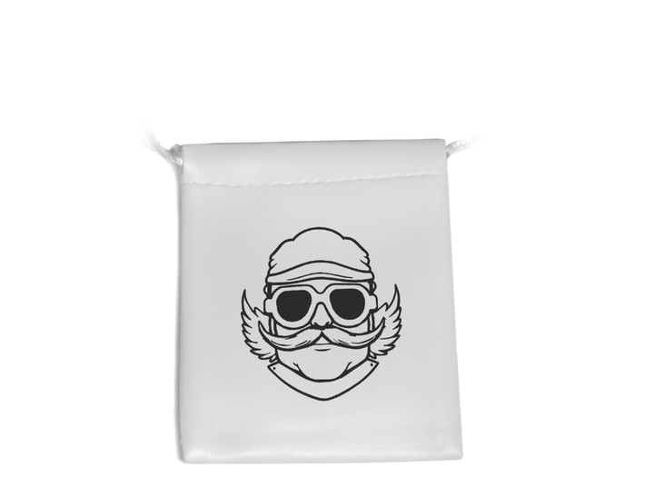 White dice bag with gear dice logo, perfect for storing dice sets for DnD and DnD 5e tabletop play.