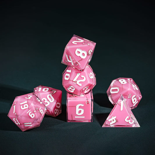 Pink Barbarian Dice Stack, 7 piece pastel sharp edge dice set for tabletop RPGs