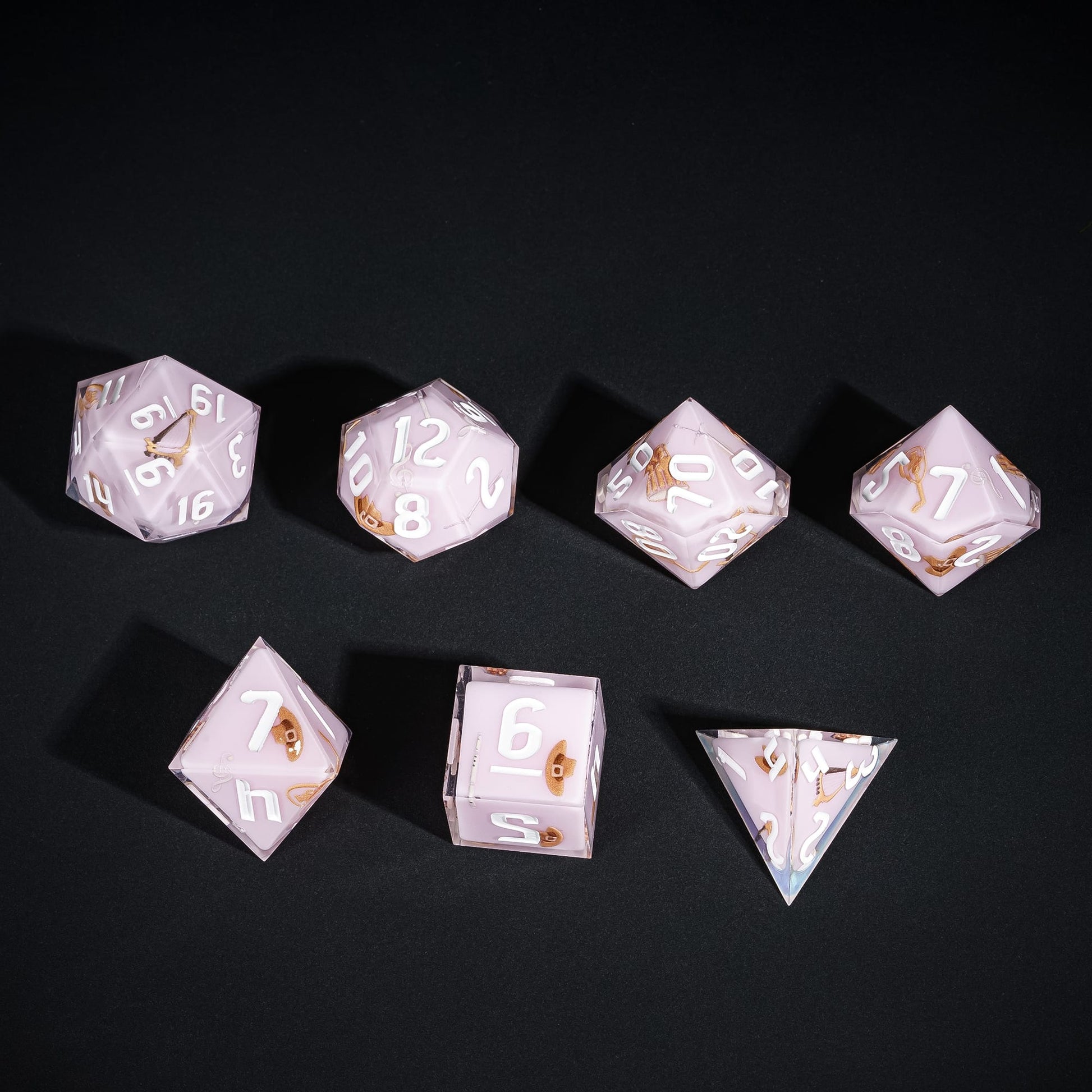 Light pink Bard Dice Set, 7 piece pastel polyhedral dice for tabletop roleplaying games