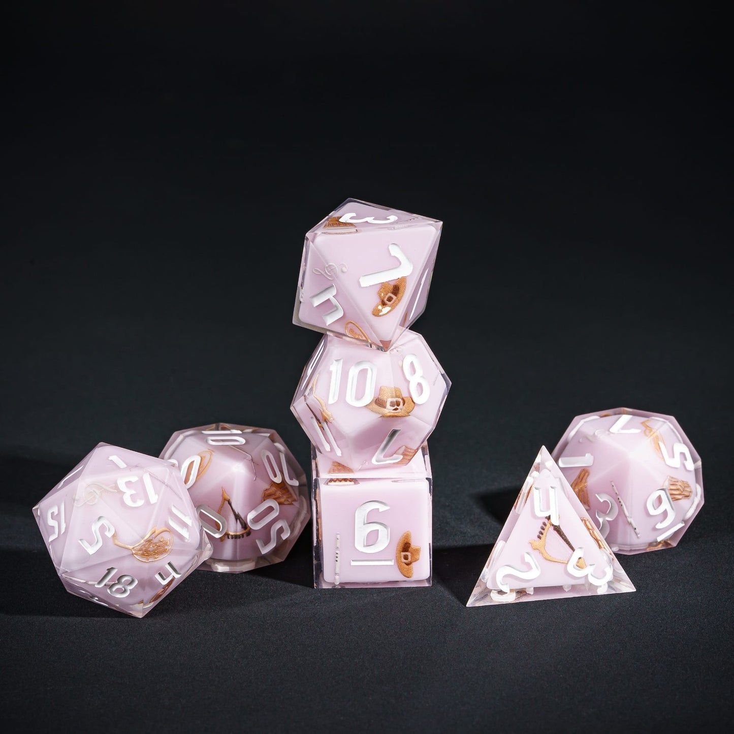 Light pink Bard Dice Set, 7 piece pastel sharp edge dice for DND 5e players