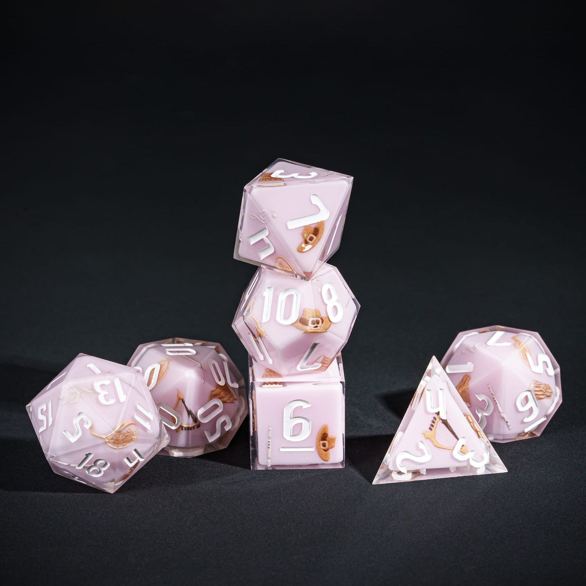 Light pink Bard Dice Set, 7 piece pastel sharp edge dice for DND 5e players