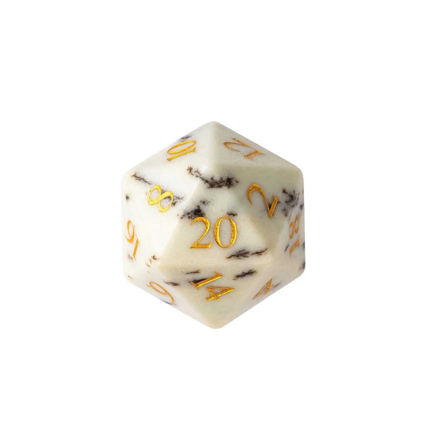 White birch-inspired stone D20 featuring natural ivory tones, dark mineral veining, and gold numbering