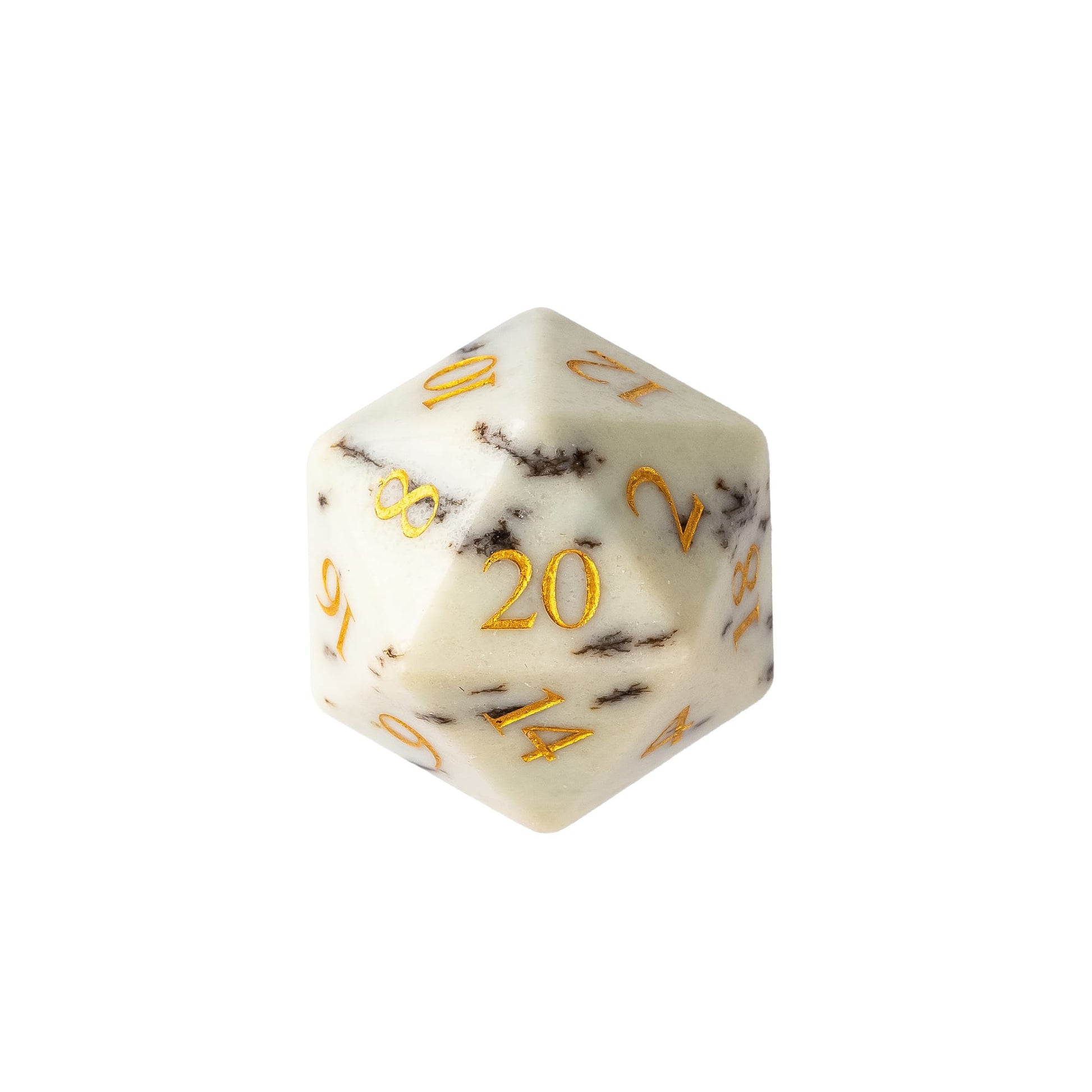 White birch-inspired stone D20 featuring natural ivory tones, dark mineral veining, and gold numbering