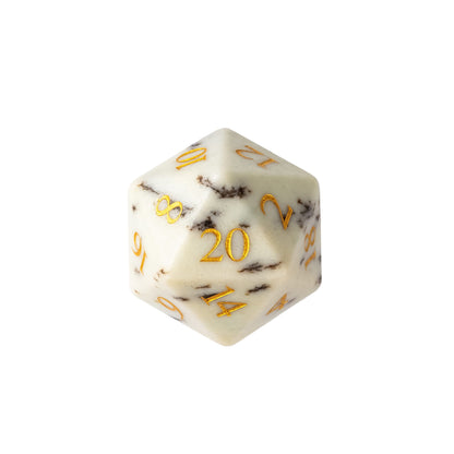 White birch-inspired stone D20 featuring natural ivory tones, dark mineral veining, and gold numbering