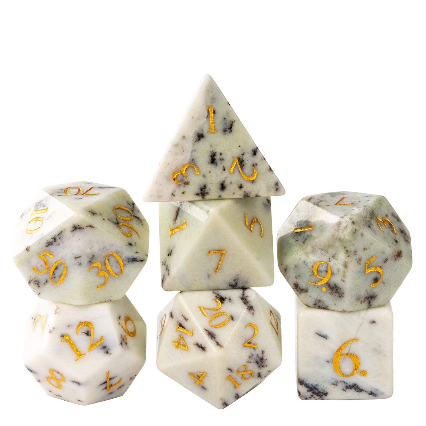 Natural stone dice set crafted from ivory-colored gemstone with dark birch-like veining and gold numbering, perfect for tabletop RPG adventures