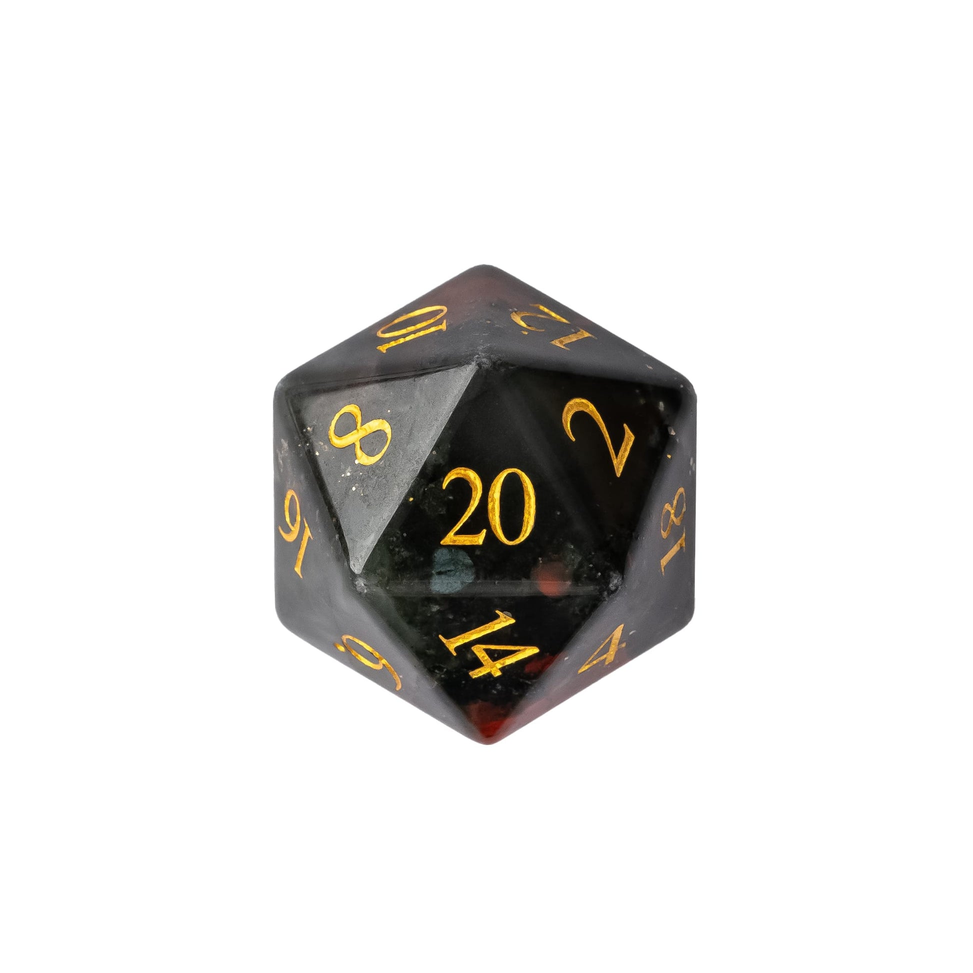 Dark Blood Hex stone D20 featuring deep black and smoky gray gemstone patterns with crimson red inclusions and gold numbering