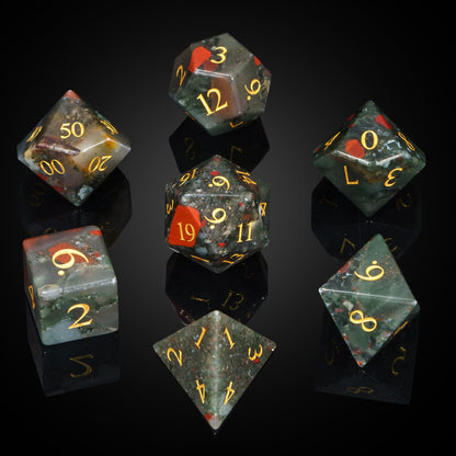 Blood Hex stone dice set for DnD & DnD 5e, full 7 piece polyhedral RPG dice set