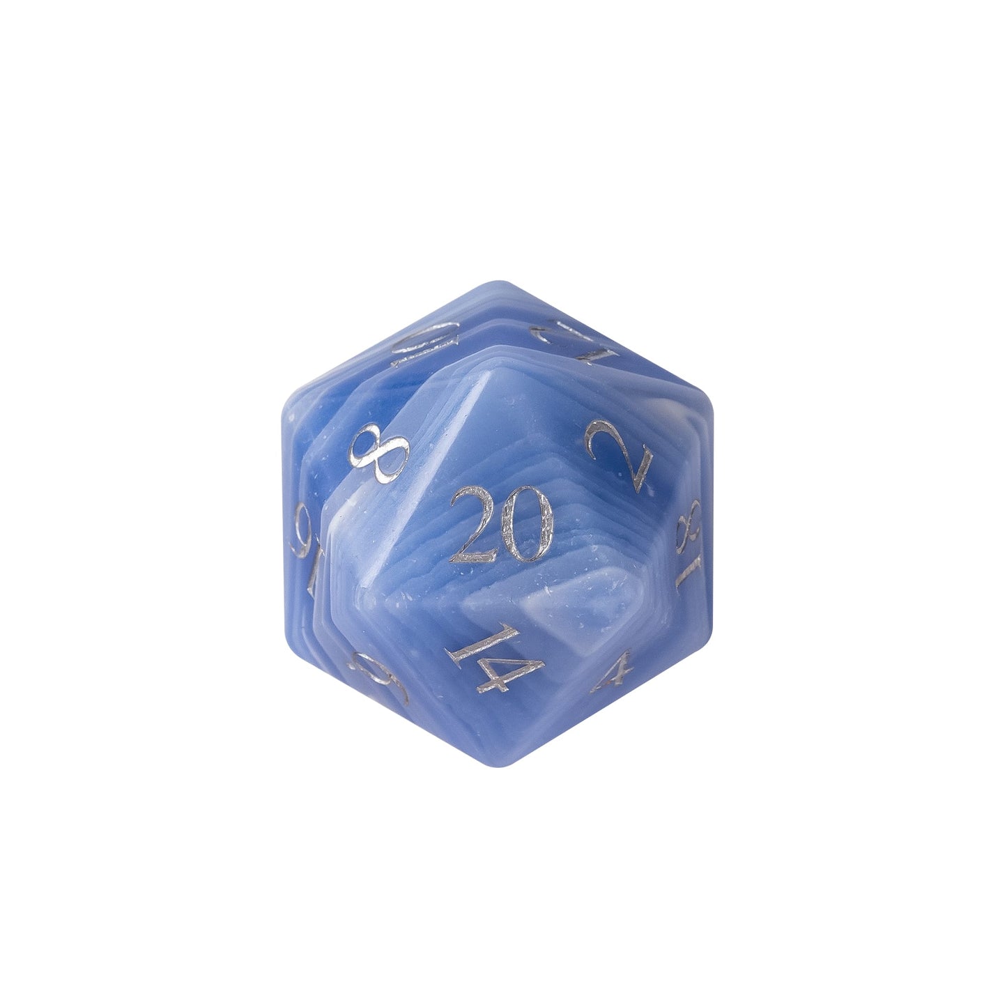Blue Agate Stone Dice Set D20 crafted from natural blue agate stone with silver numbering for DnD and tabletop RPGs
