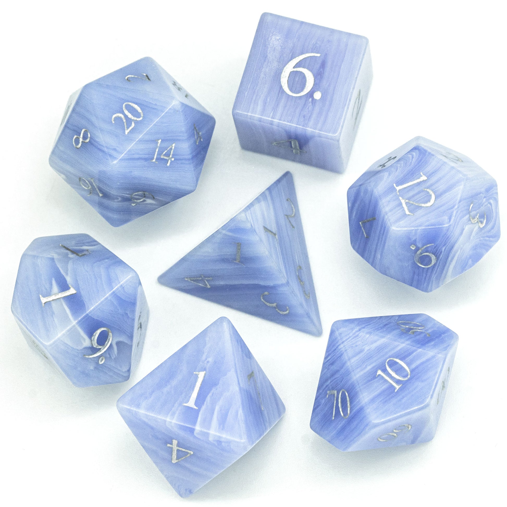 Blue Agate Stone Dice Set flat lay of gemstone polyhedral dice for Dungeons & Dragons