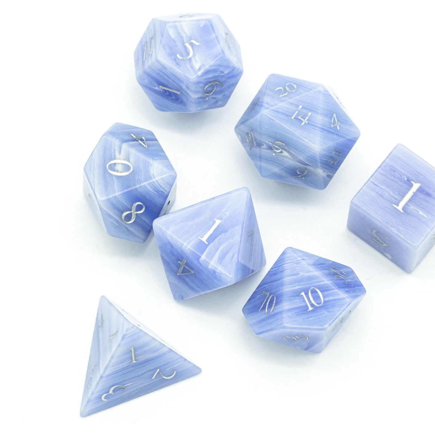 Blue Agate Stone Dice Set top view of natural gemstone dice for RPG games