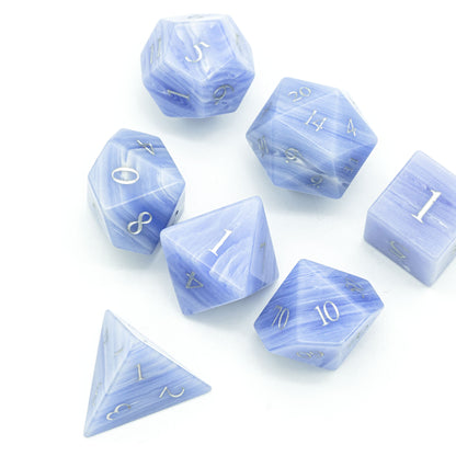 Blue Agate Stone Dice Set top view of natural gemstone dice for RPG games