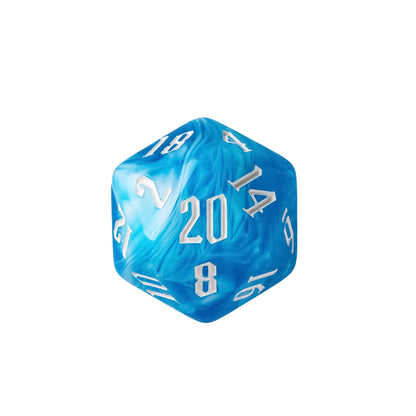 Blue Ice D20 featuring icy blue coloration with frosted crystal-like patterns and easy-to-read numbering for DnD