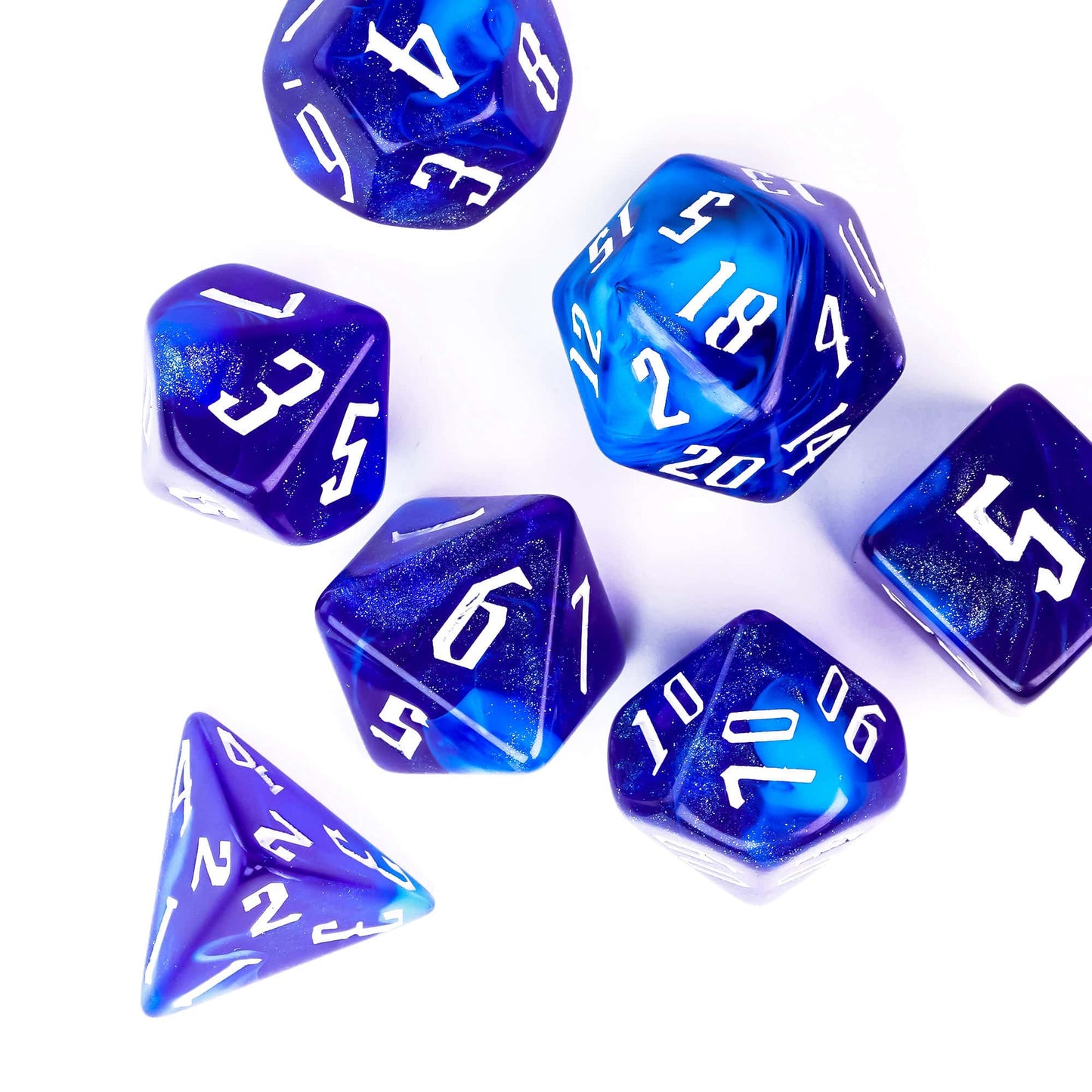 Blue Sapphire polyhedral dice set with blue gradients and white numbers flat lay display