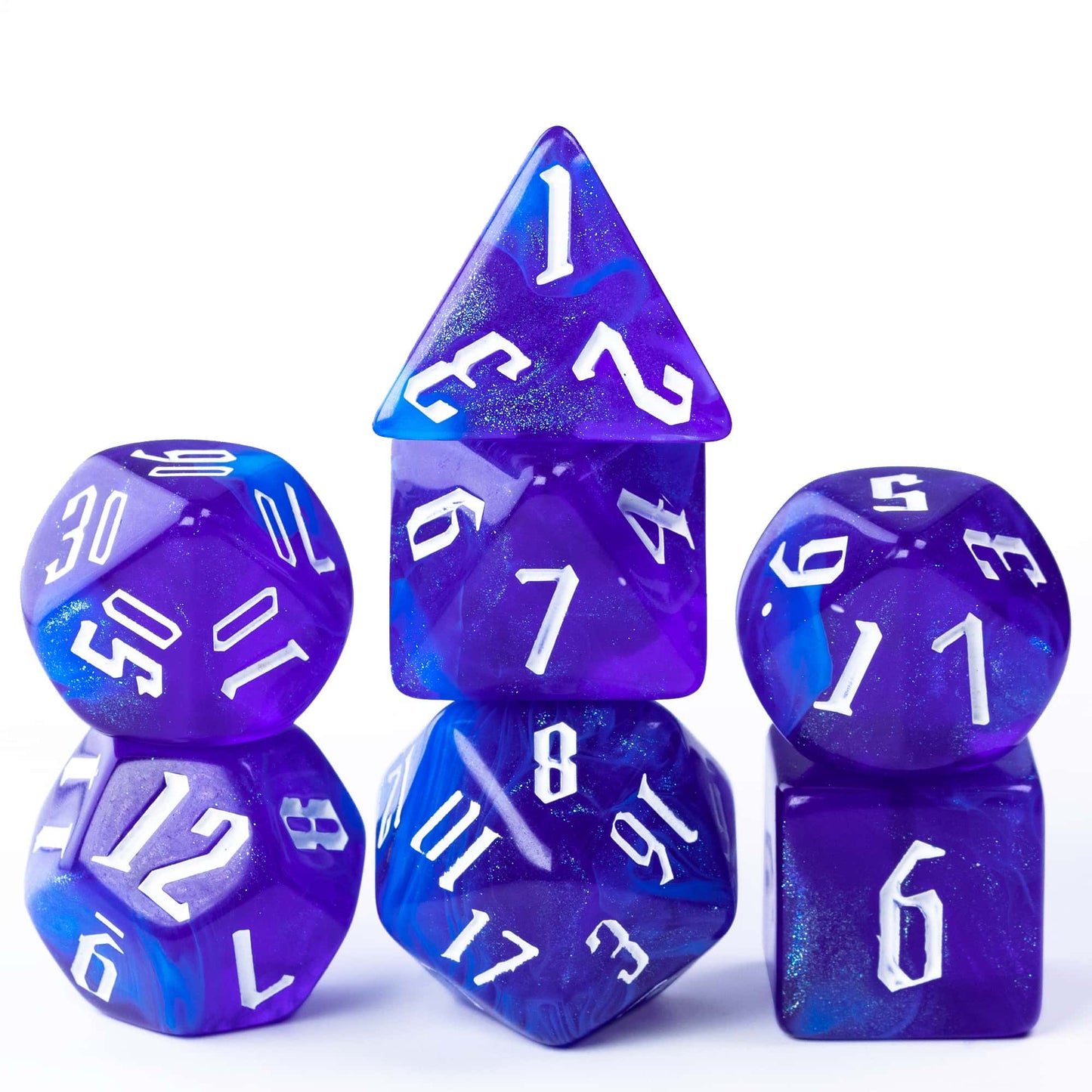 Stacked Blue Sapphire dice showing white numbers and shimmering resin effect
