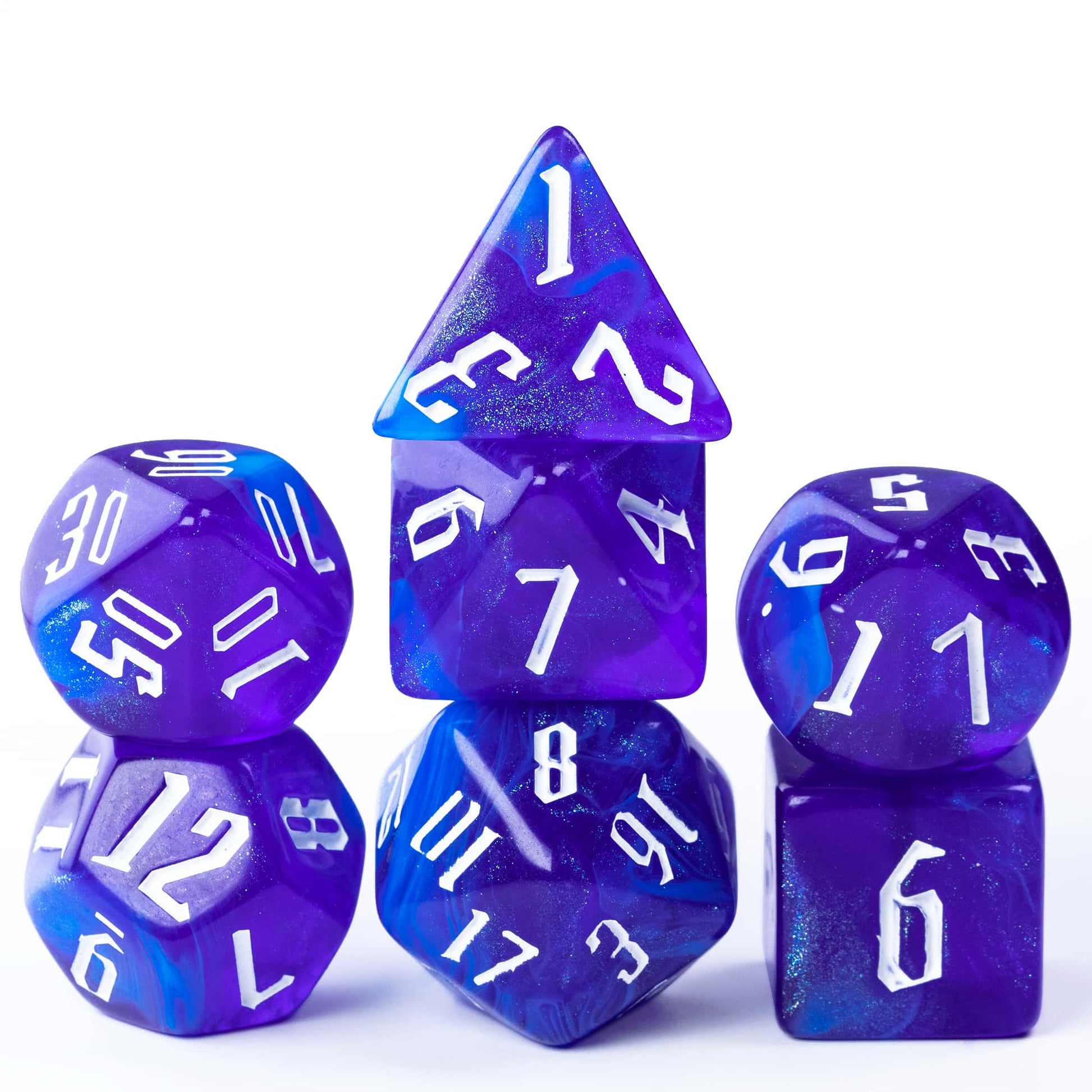 Stacked Blue Sapphire dice showing white numbers and shimmering resin effect
