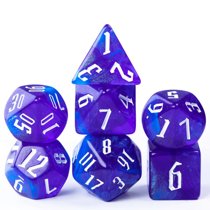 Stacked Blue Sapphire dice showing white numbers and shimmering resin effect