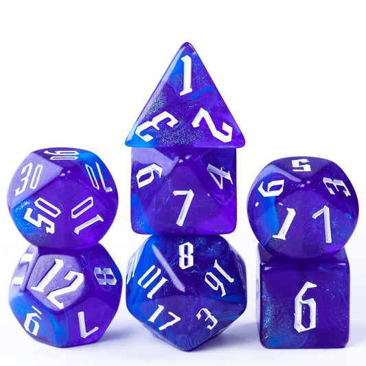 Stacked Blue Sapphire dice showing white numbers and shimmering resin effect