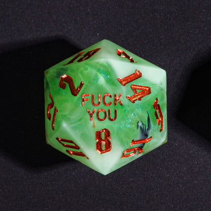 Close up Bog Hag Fuck You D20 with swamp green resin and red numbers