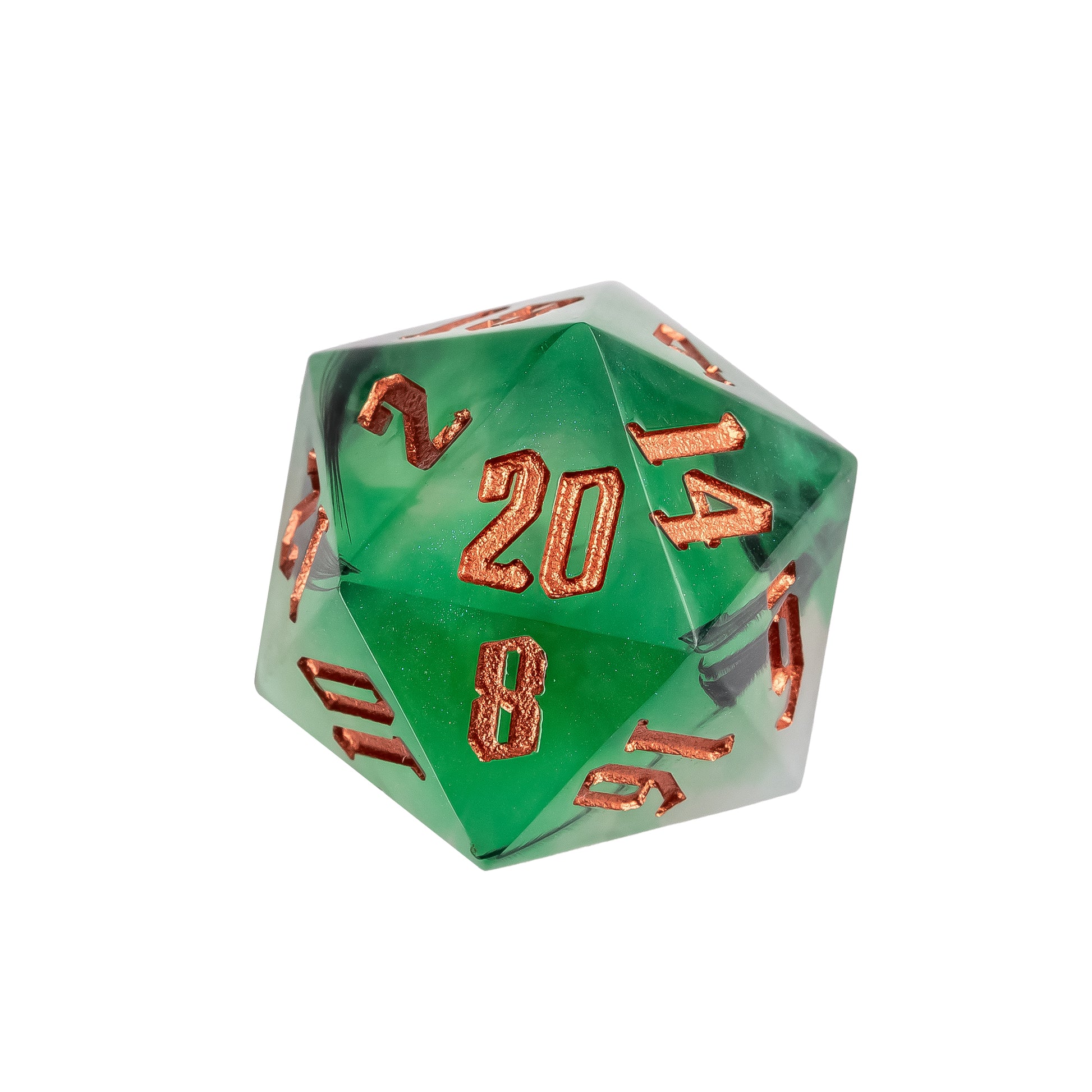 Macro detail of d20 Bog Hag Sharp Edge Dice showing gold foil accents in green resin