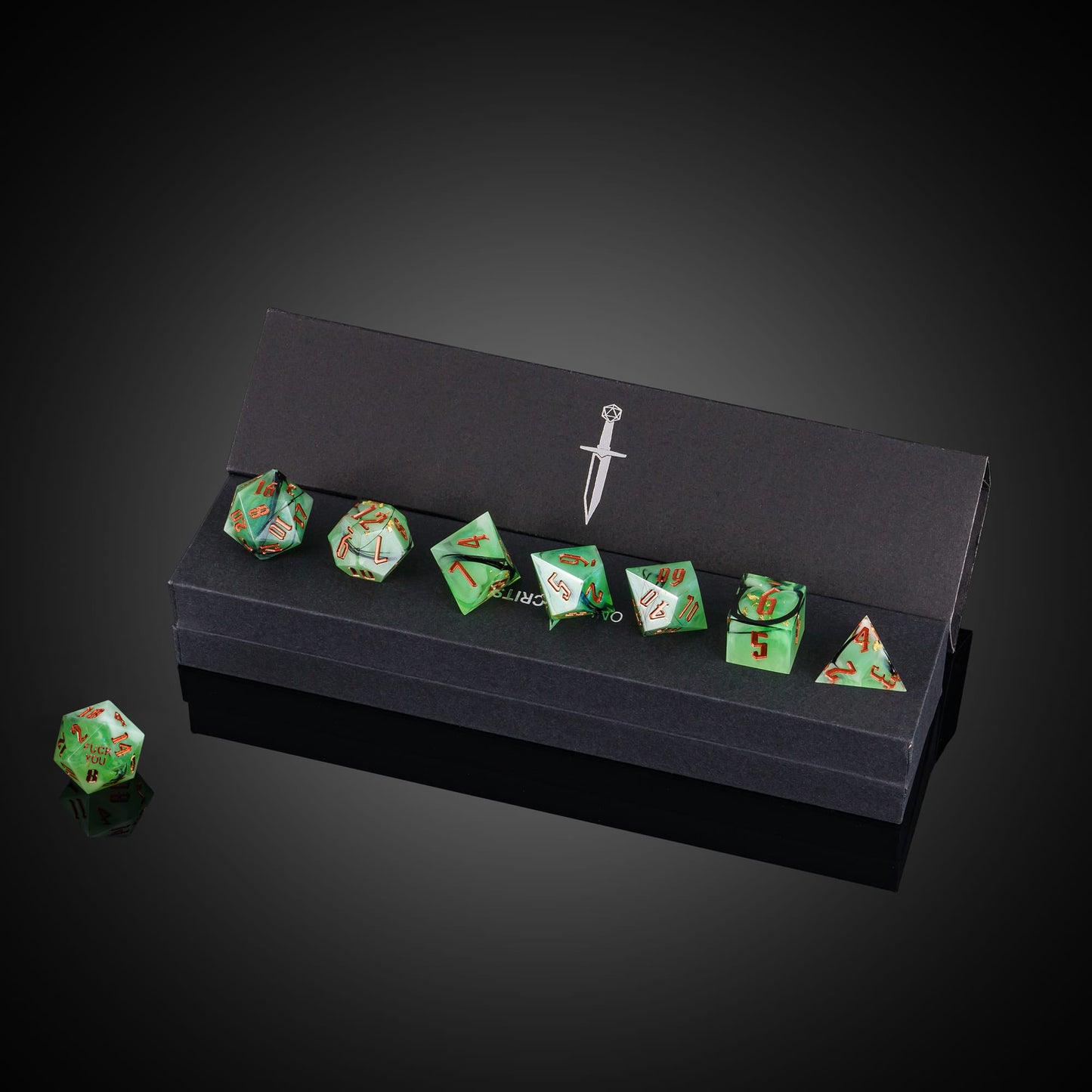 Bog Hag Sharp Edge Dice Set displayed in Only Crits dice box