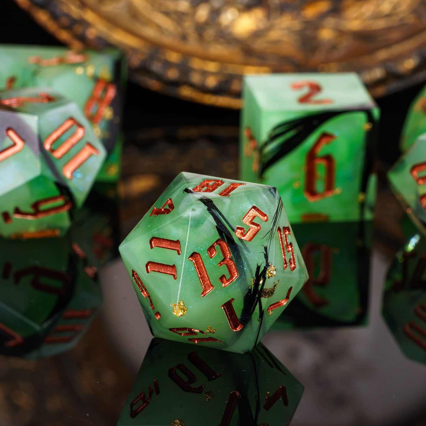 Hero shot of Bog Hag Sharp Edge Dice Set stacked to show copper numbering and sharp edges