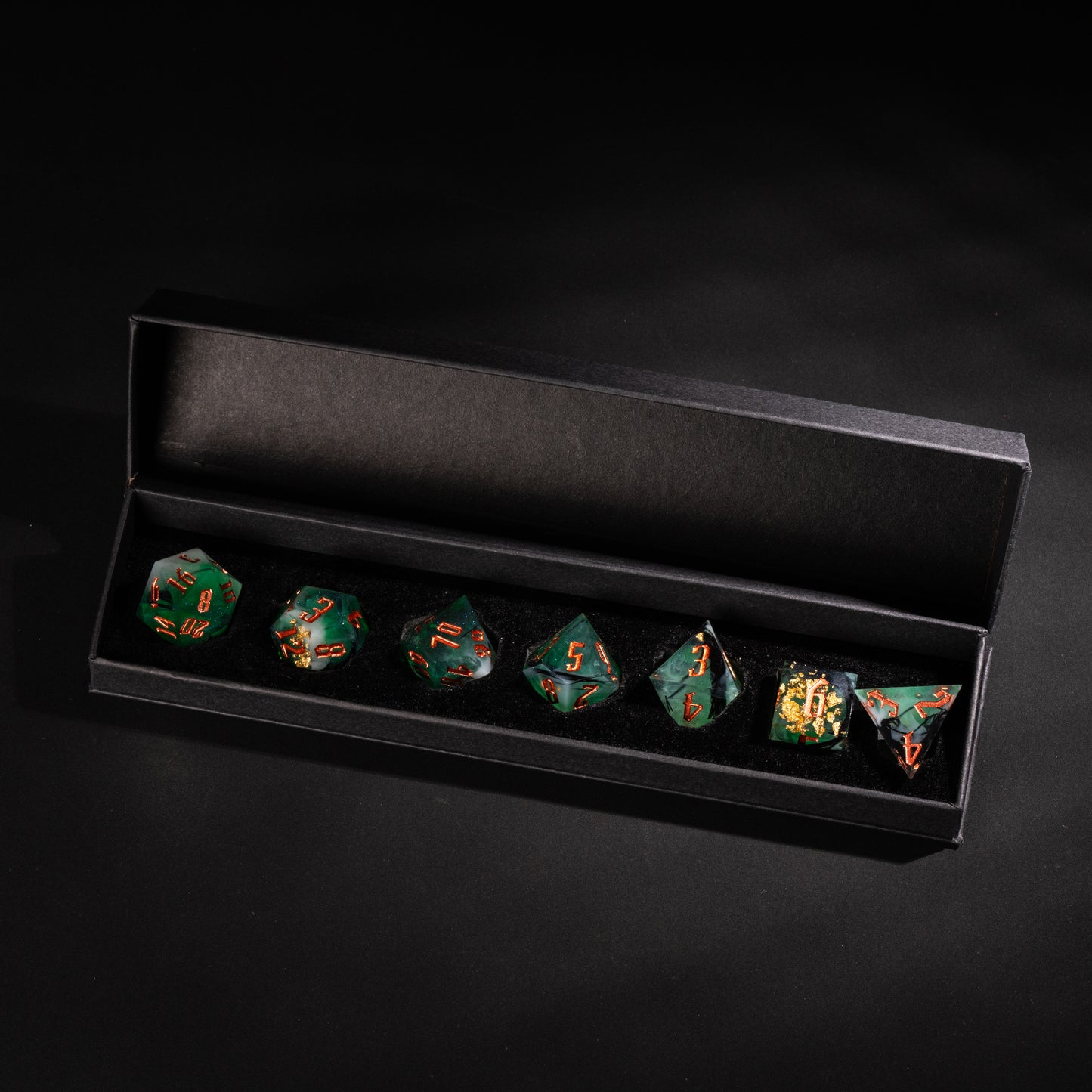 Bog Hag Sharp Edge Dice Set displayed in black presentation box for tabletop RPGs