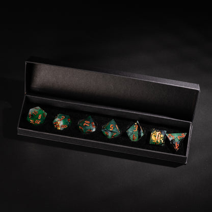 Bog Hag Sharp Edge Dice Set displayed in black presentation box for tabletop RPGs
