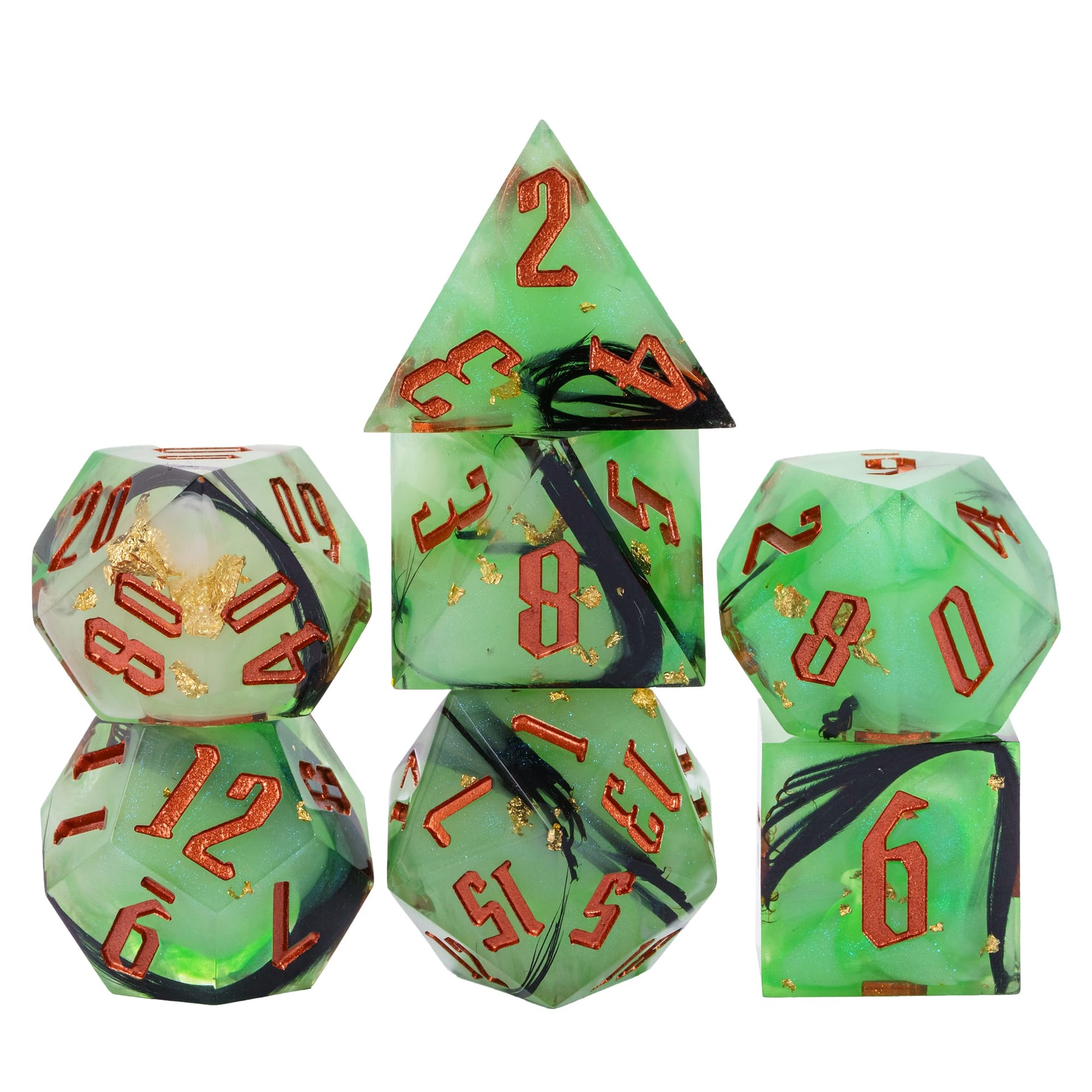Stacked Bog Hag Sharp Edge Dice Set with translucent green resin and copper numbering for DnD