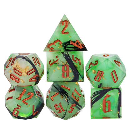 Stacked Bog Hag Sharp Edge Dice Set with translucent green resin and copper numbering for DnD