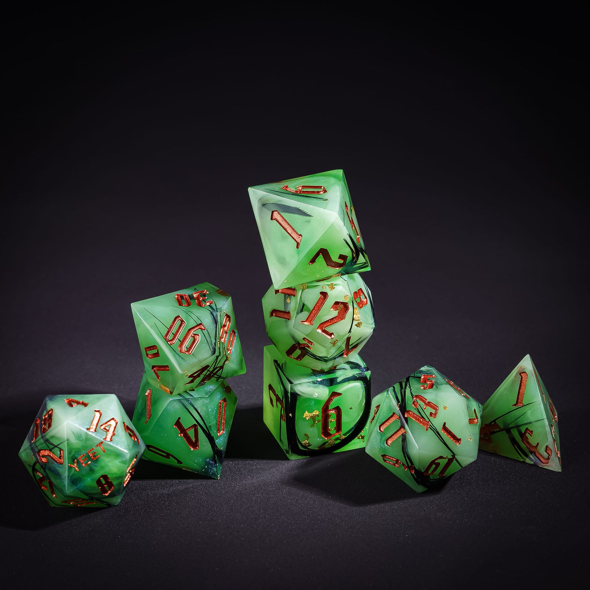 Yeet stacked Bog Hag Sharp Edge Dice Set with red numbering