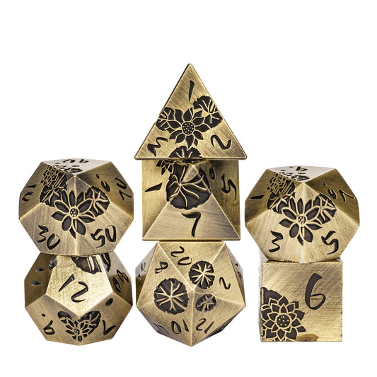 Stacked Brass Lotus Blossom Metal Dice Set showing lotus engravings for DnD & DnD 5e