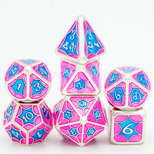 Stacked Bubblegum Chroma polyhedral dice in tower layout