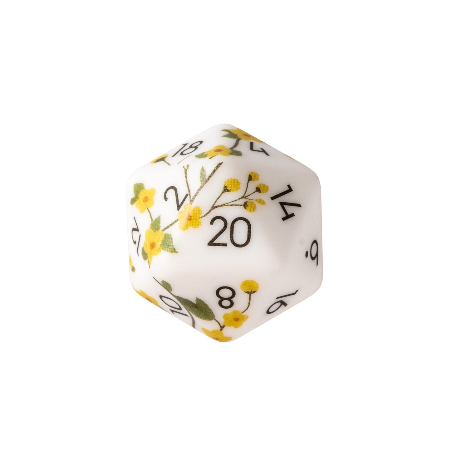 Buttercup Bloom D20 featuring delicate buttercup flower artwork and botanical-inspired numbering on a resin die for DnD, fantasy adventures, and tabletop RPGs